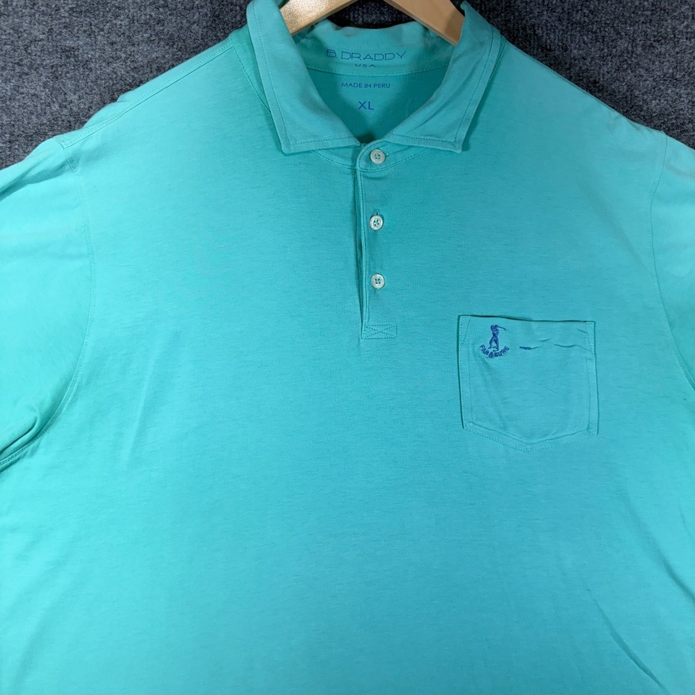 B. Draddy Far & Sure Polo Shirt Mens XL Blue Pima Cotton Pocket Golf Short Slv